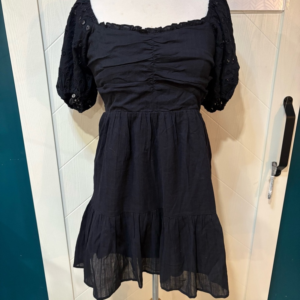 Black eyelet puff-sleeve cottagecore mini dress | romantic vintage Small - Picture 2 of 6